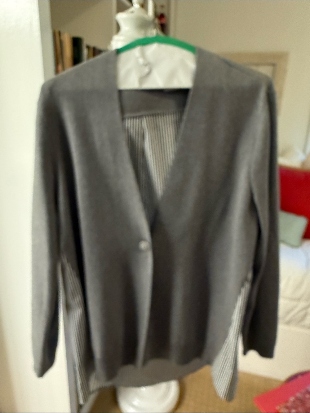 Chico's Gray V-Neck Cardigan with Striped Panel Detail
